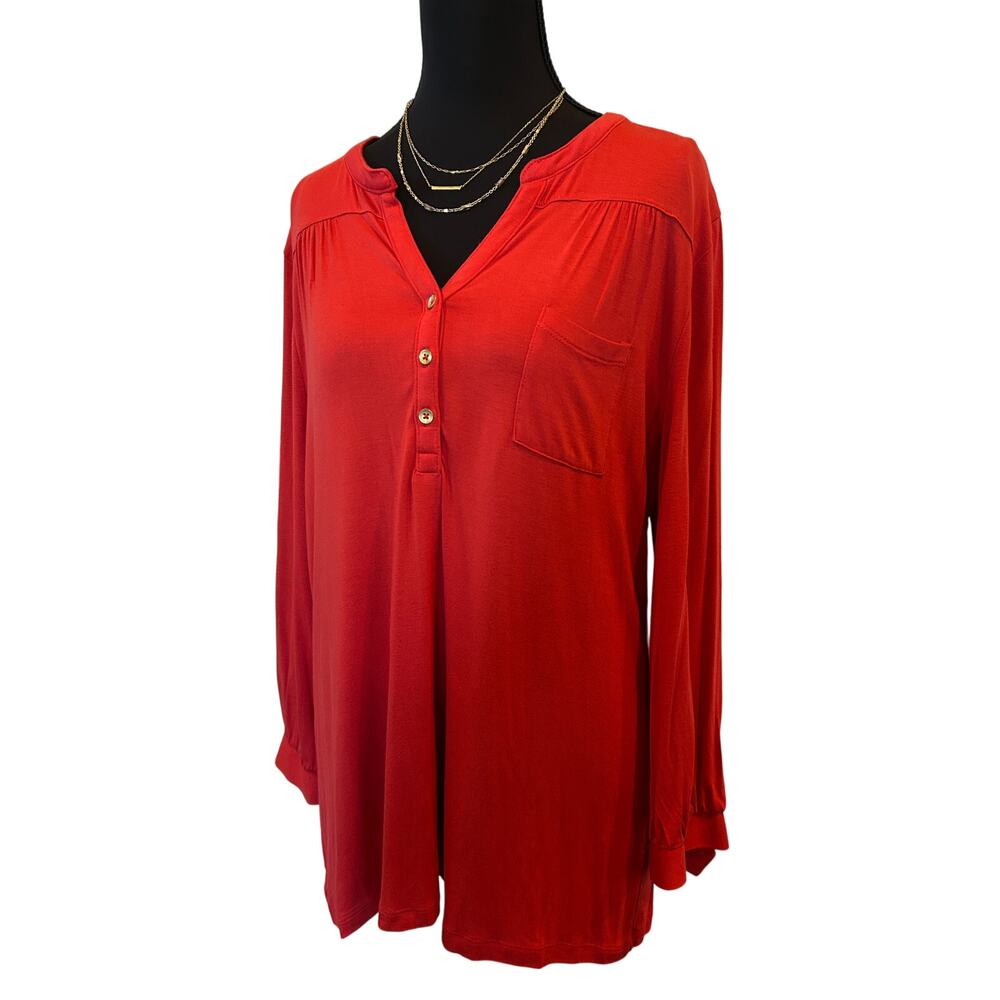 The Limited Coral Red Henley Tunic Blouse Size XL Long Sleeve Split Neck Pocket